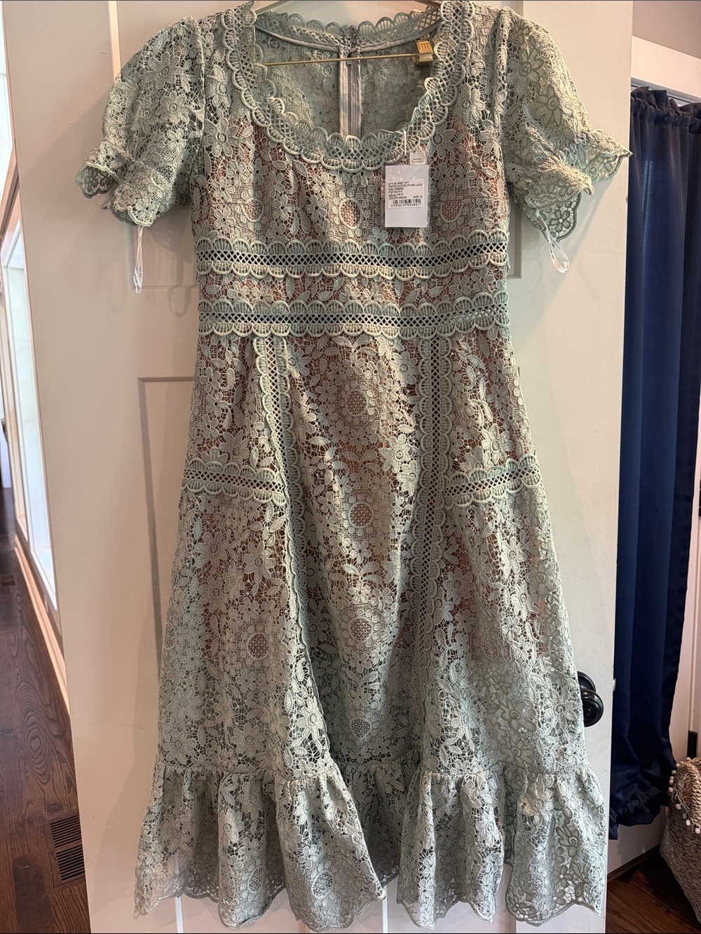 Self-Portrait Mint Sage Floral Lace Tiered Dress
